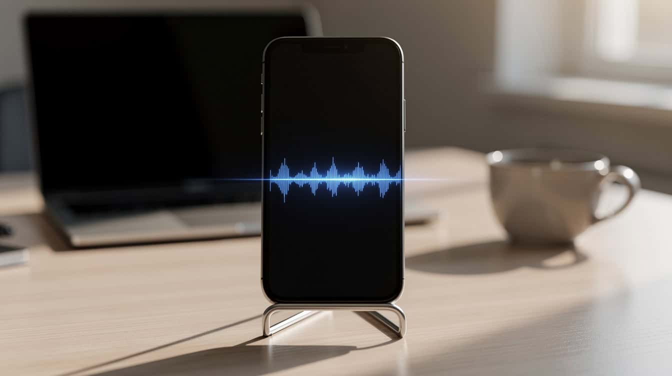 an AI voice agent handling a business call, shown as a voice waveform on a phone