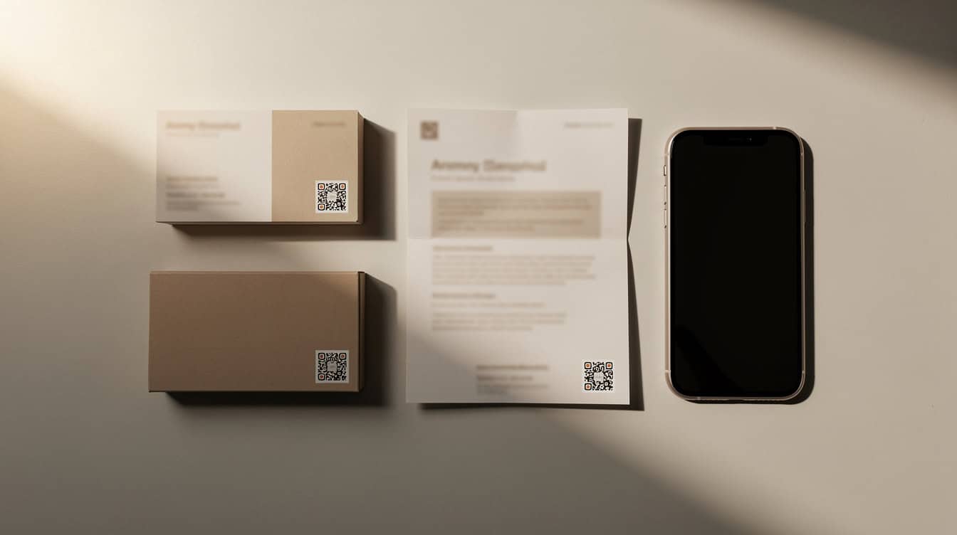 Flat-lay of business cards, a brochure and packaging with QR codes beside a phone — 10 ways to use QR code videos in marketing