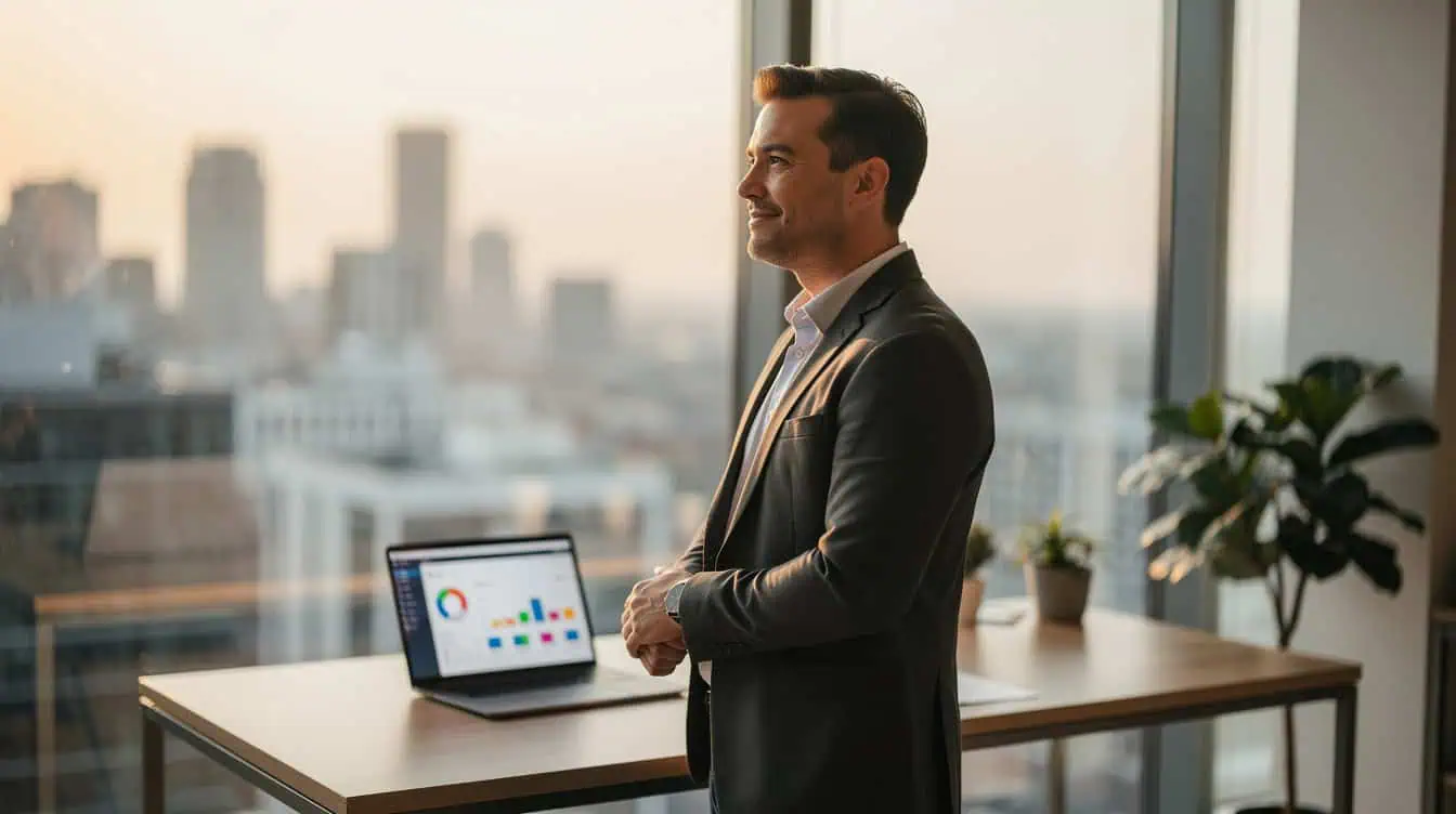 Confident business owner by a city-view window with an analytics dashboard — staying ahead of a competitor using AI