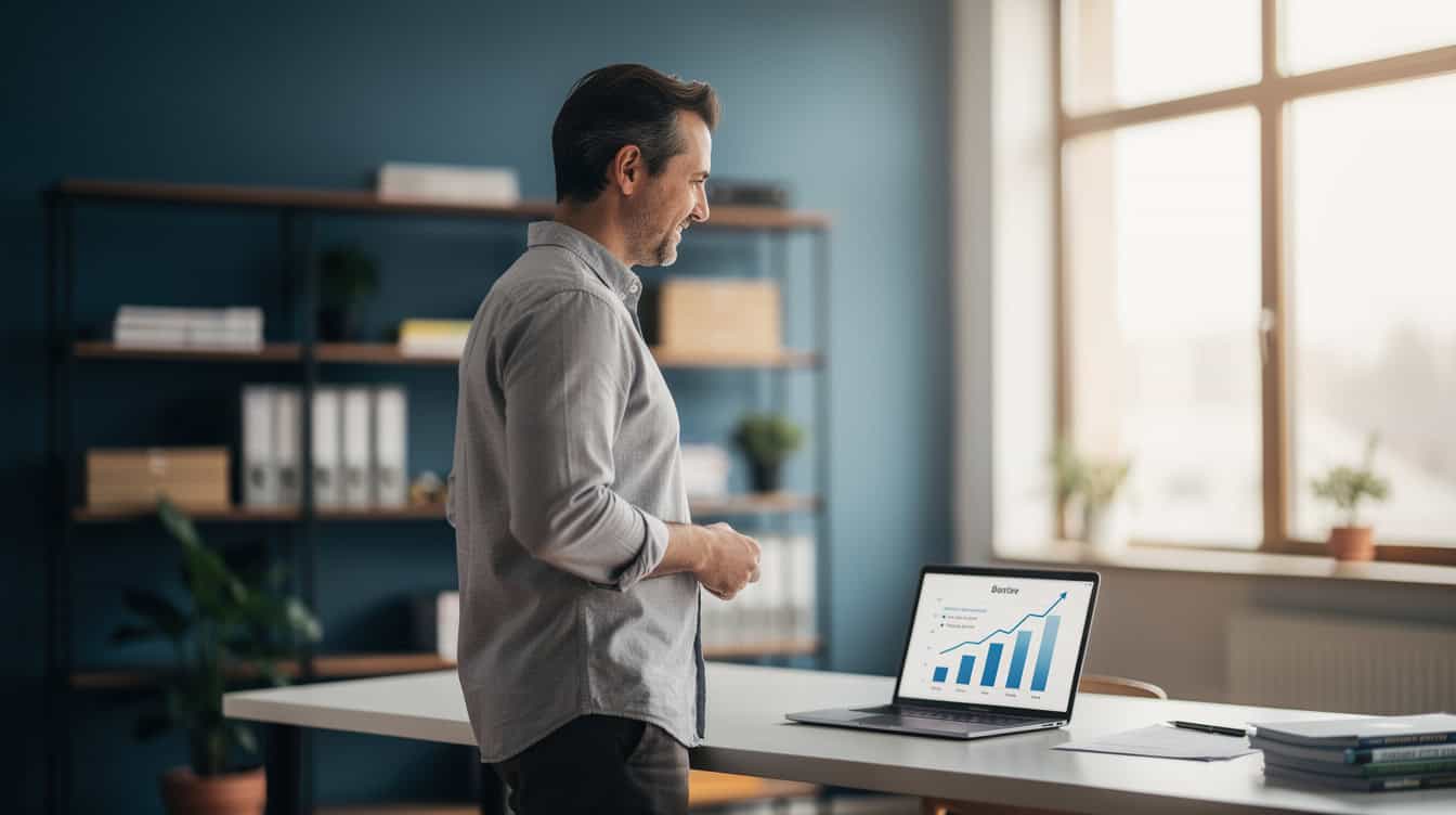 a business owner reviewing rising revenue after adopting AI systems