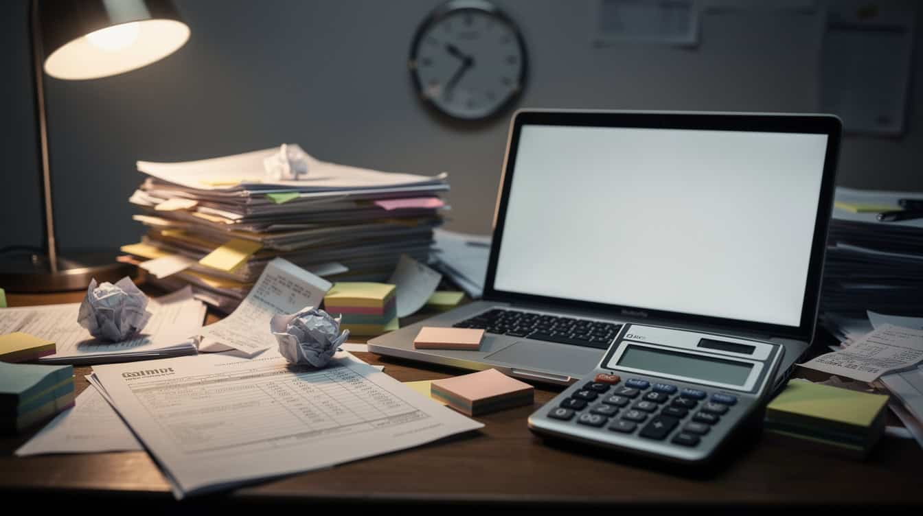 Cluttered desk of invoices, sticky notes and a calculator beside a laptop — the real cost of manual work vs AI