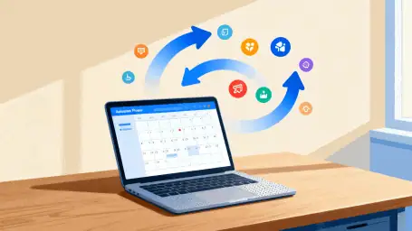 Automated calendar with workflow arrows showing no-code scheduling integrations