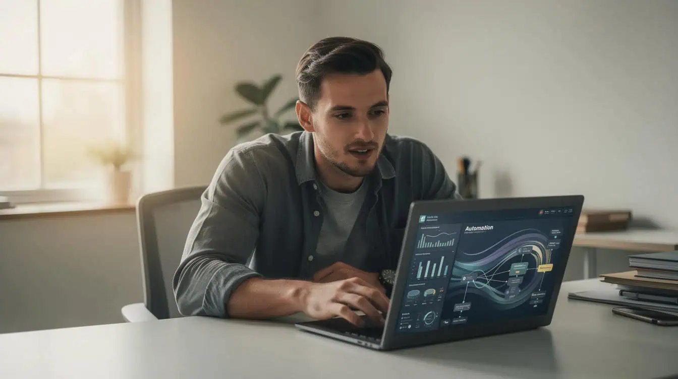 Solo professional at a laptop with an automation dashboard — the small firms AI advantage in action
