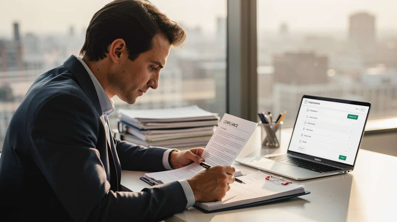 a financial adviser reviewing compliance documents with an AI checklist dashboard