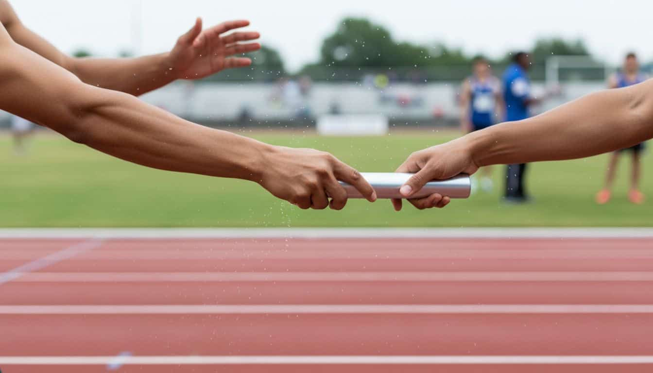 Relay baton passed between two runners' hands