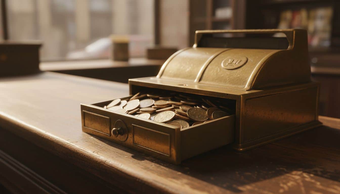 Open brass till drawer with coins in a shop