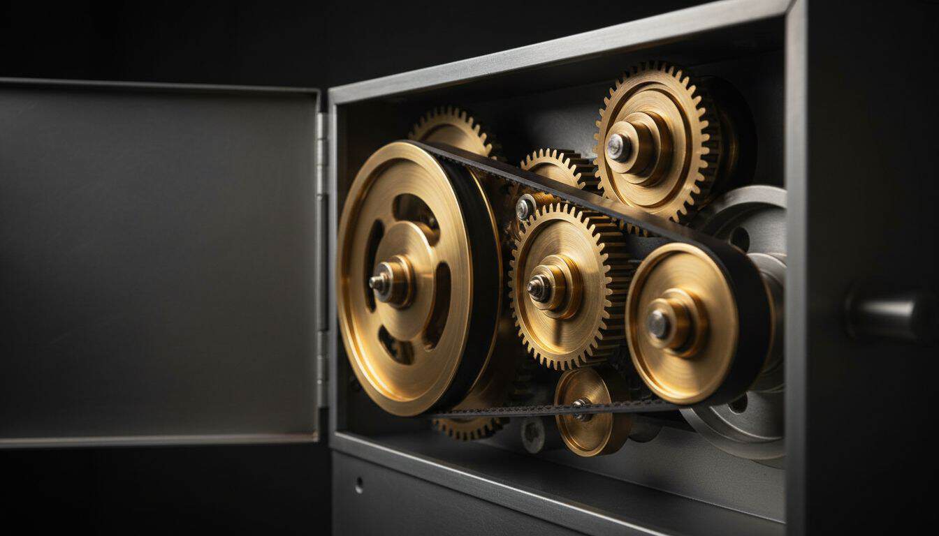 Brass gears and belts meshing inside an open machine housing