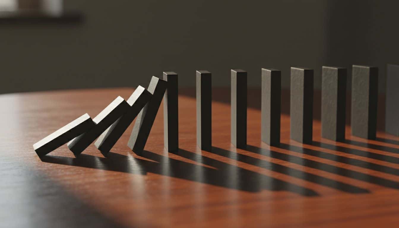 Line of dominoes mid-fall on a wooden table