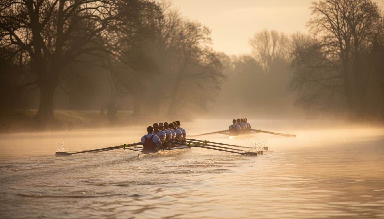 Two rowing eights on a misty river, one clearly ahead