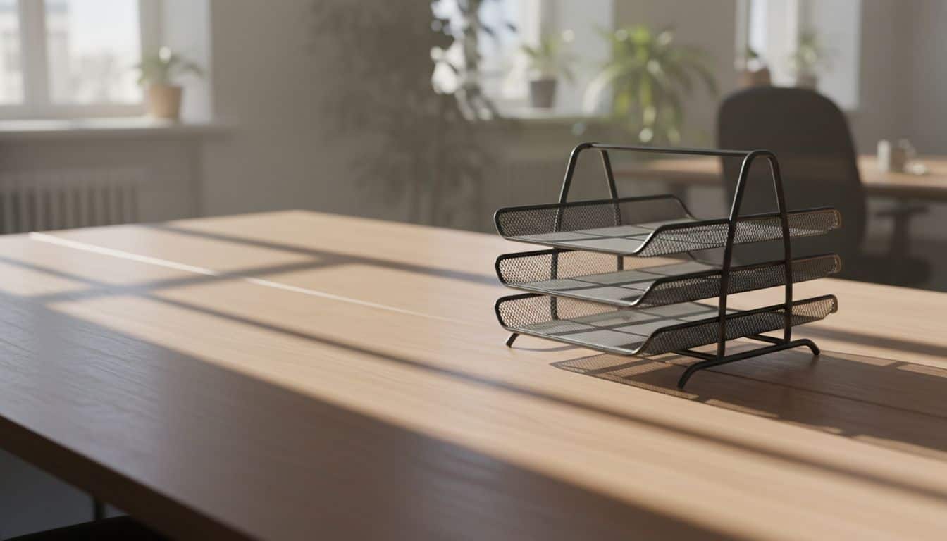 Empty wire in-tray and out-tray on a clear desk