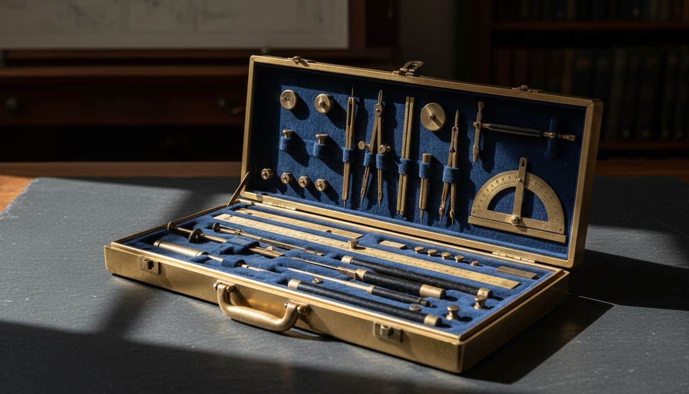 Set of vintage brass drawing instruments in a fitted case