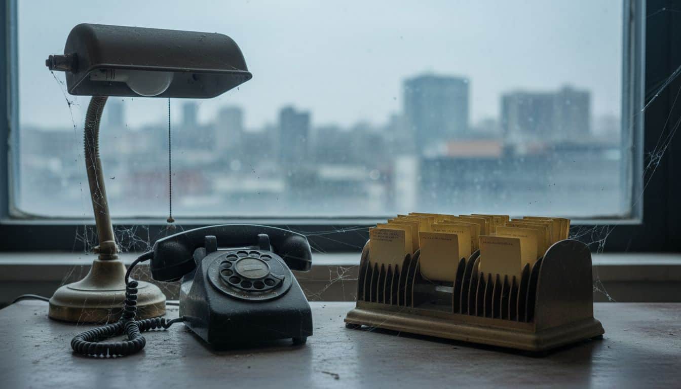 Dusty rotary telephone and card index on an old desk
