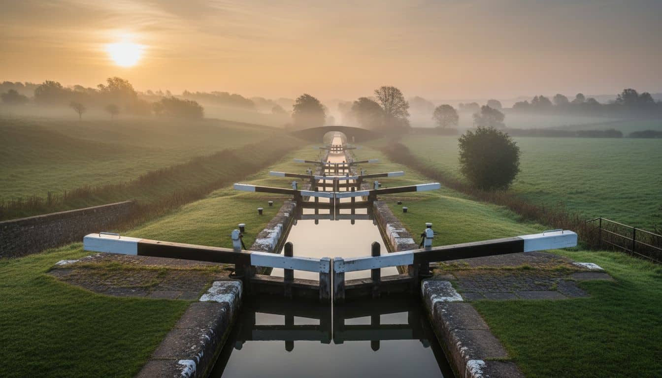 Flight of canal locks with several water channels at sunrise