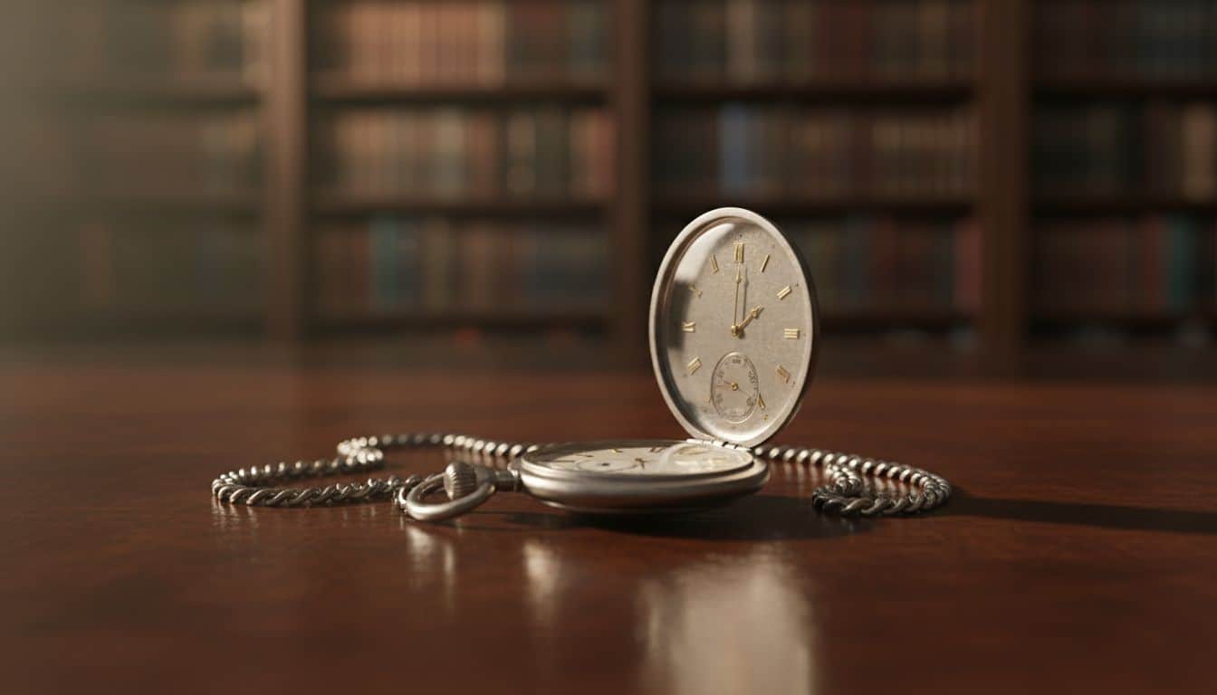 Antique pocket watch and chain on dark wood