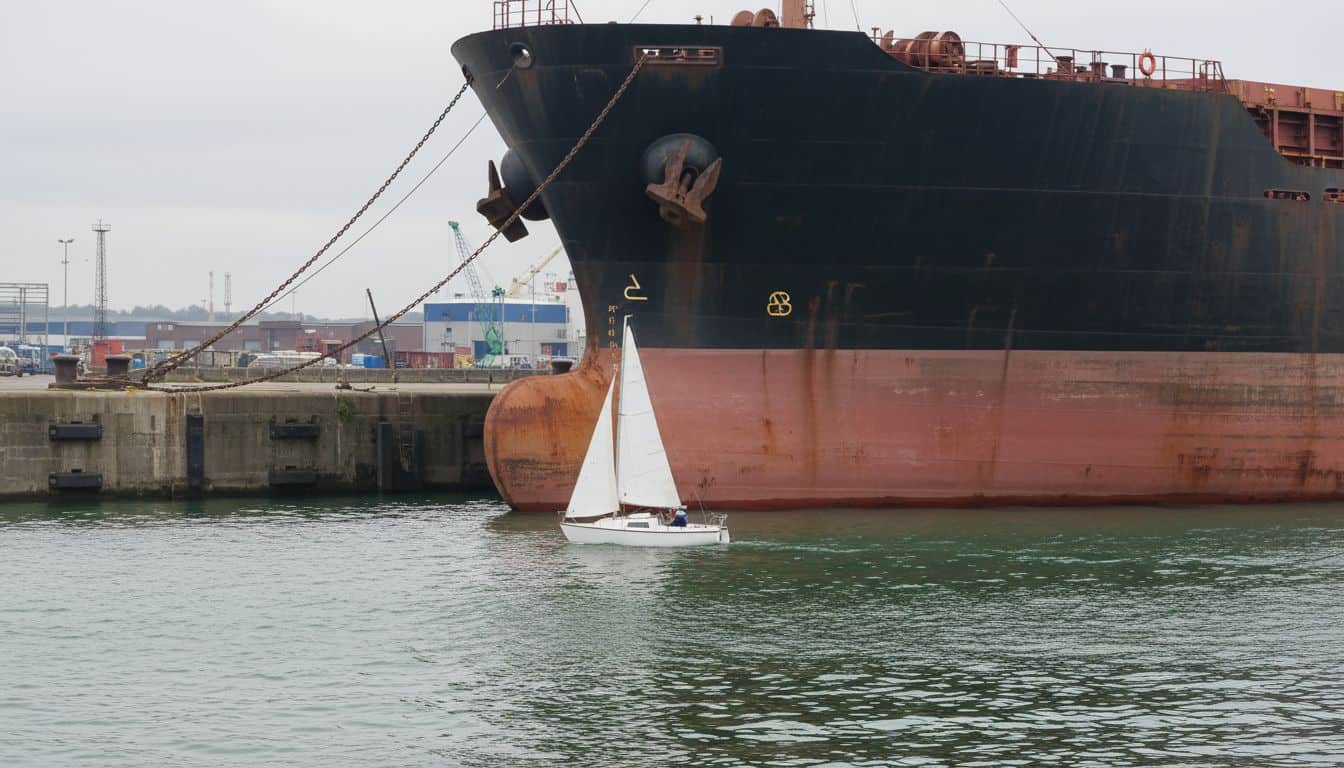 Small sailing dinghy beside the hull of a huge moored ship