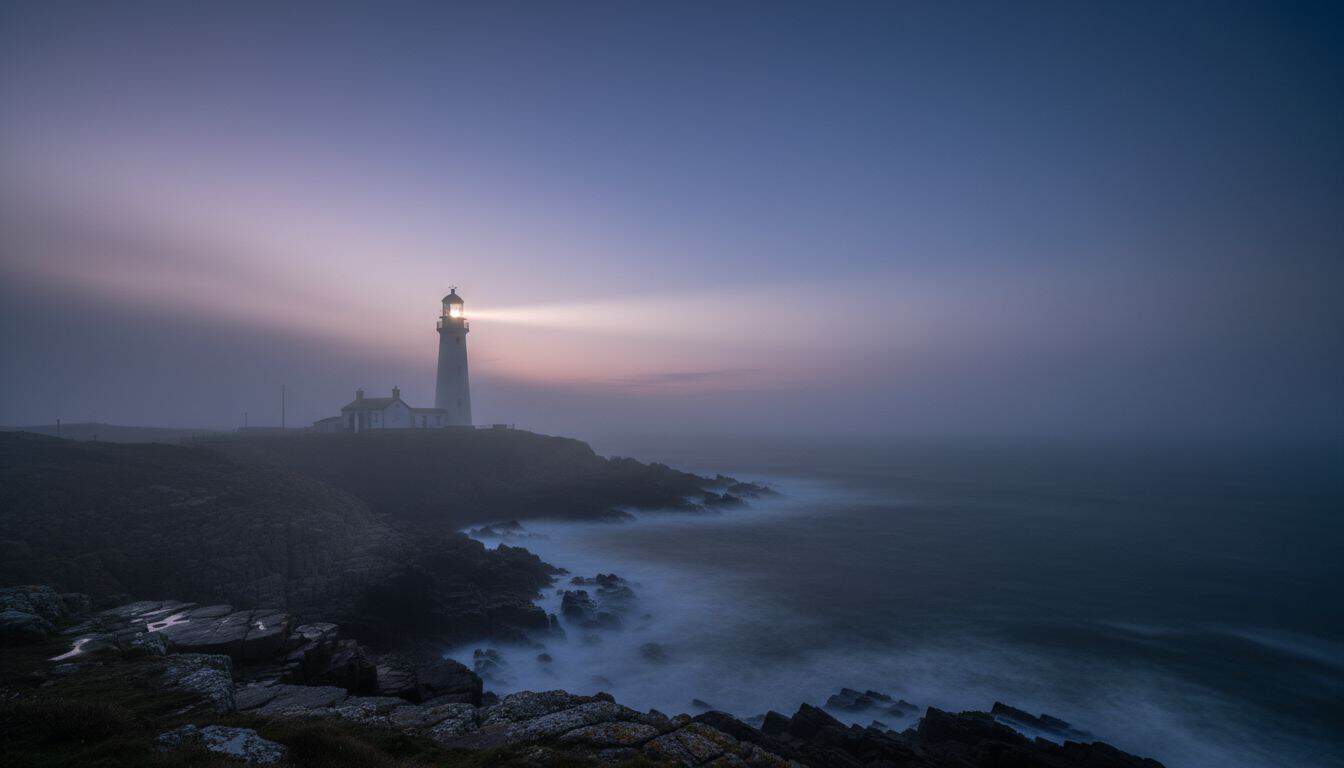 Lighthouse beam cutting through sea fog at dusk