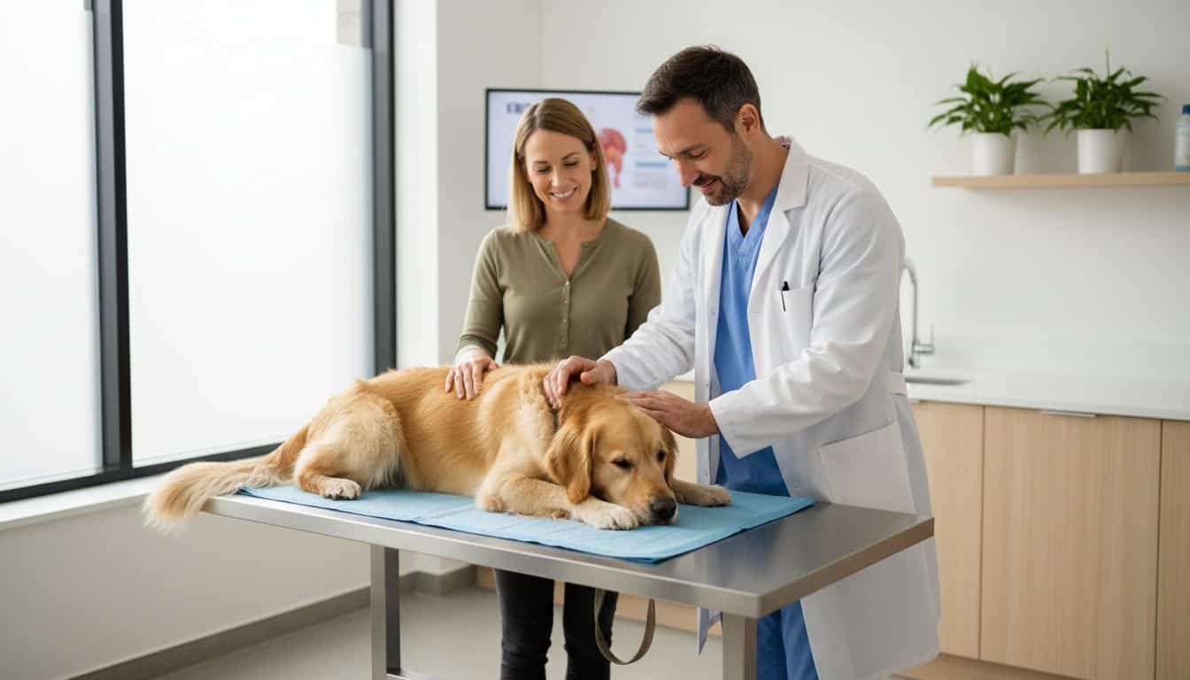 Veterinary surgeon examining a dog while the owner looks on