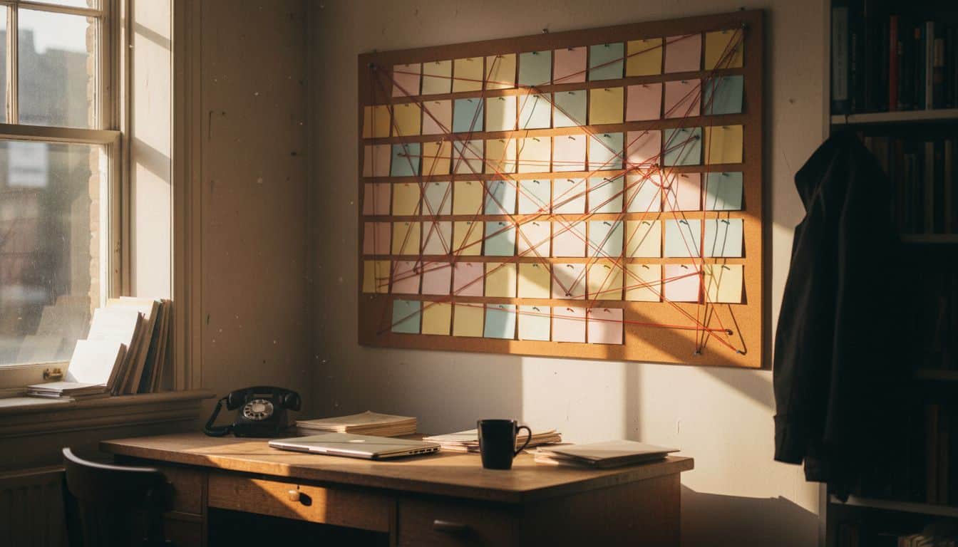 Corkboard workflow map in a small business back office