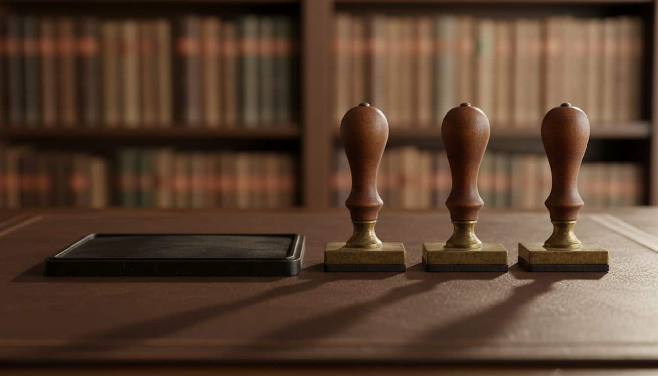 Three vintage brass office stamps in a row on a desk