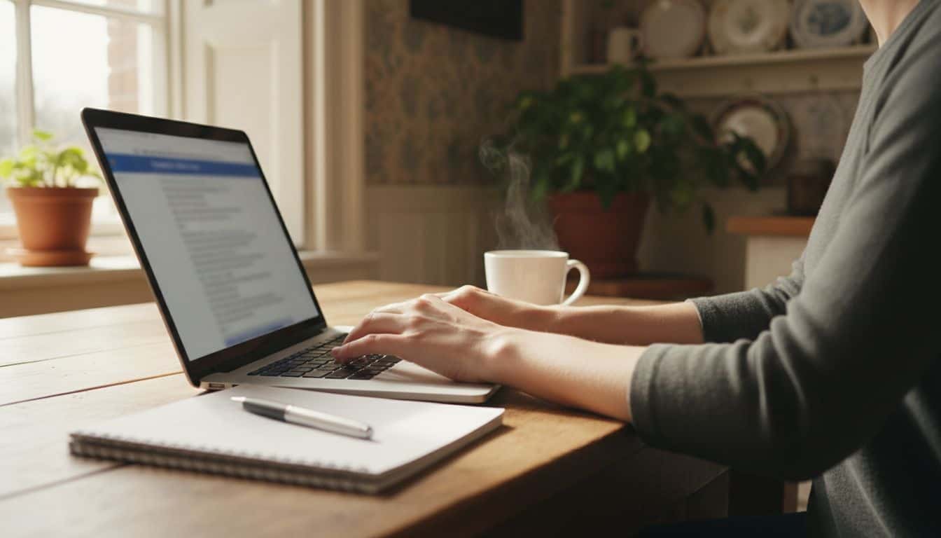 Hands typing on a laptop at a bright kitchen table