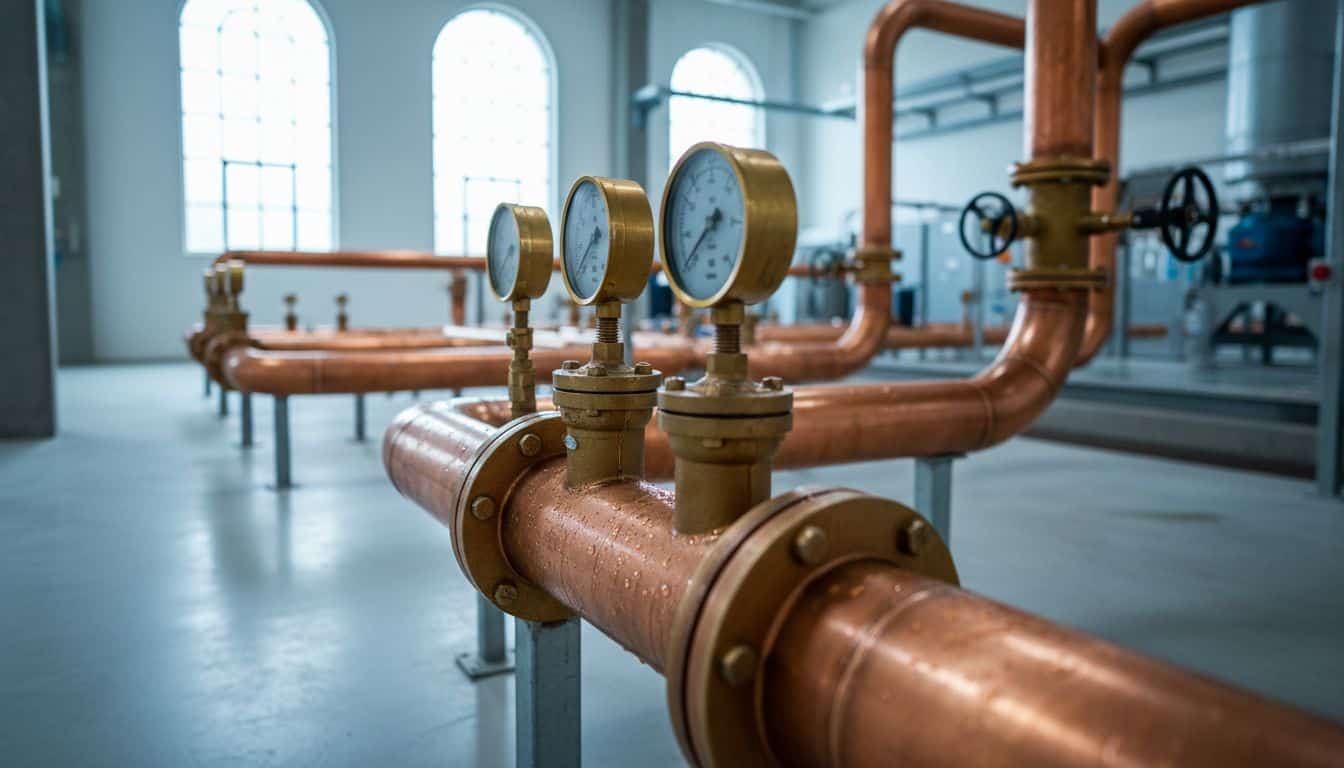 Polished copper pipework carrying flow through an industrial plant