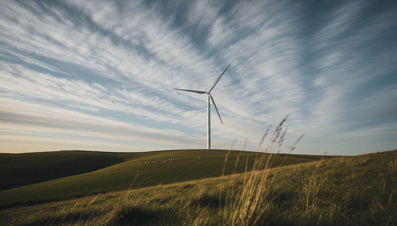 Wind turbine turning alone on a green hillside