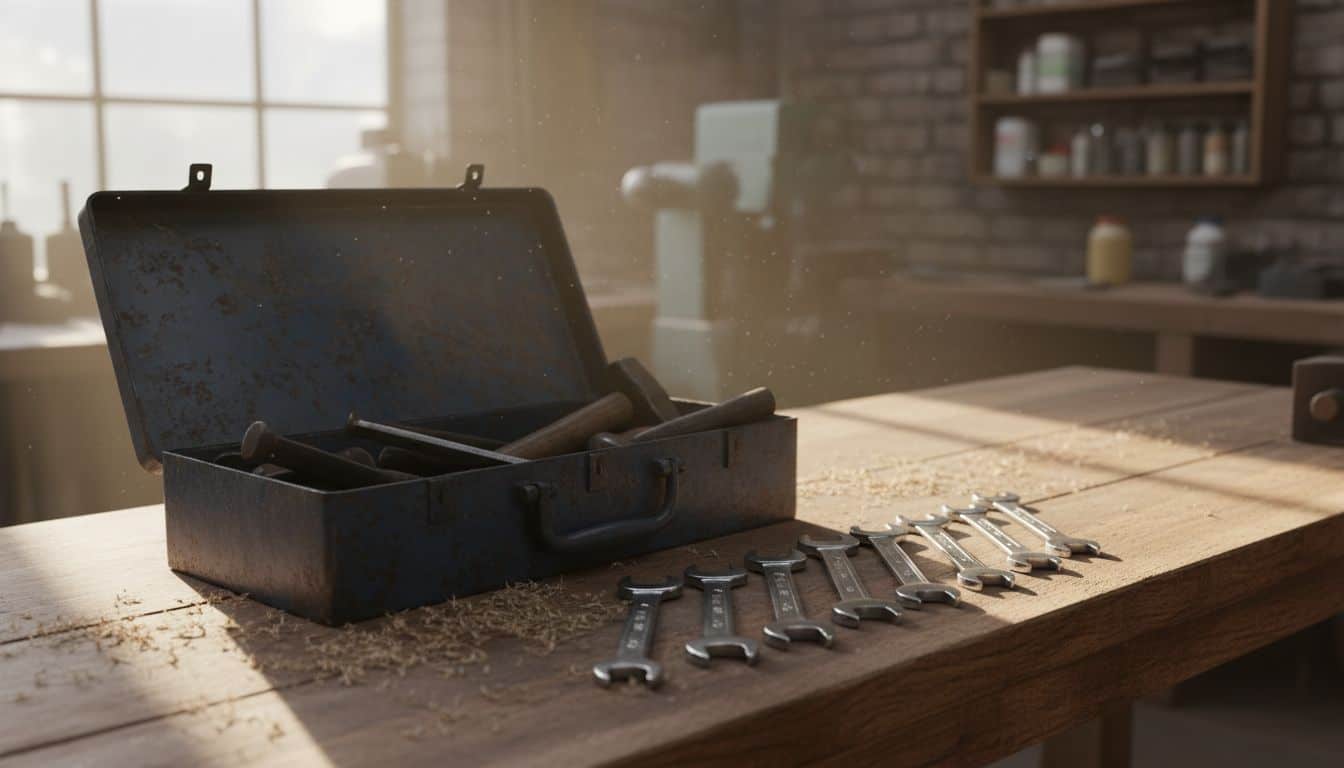 Open toolbox with spanners arranged on a workbench