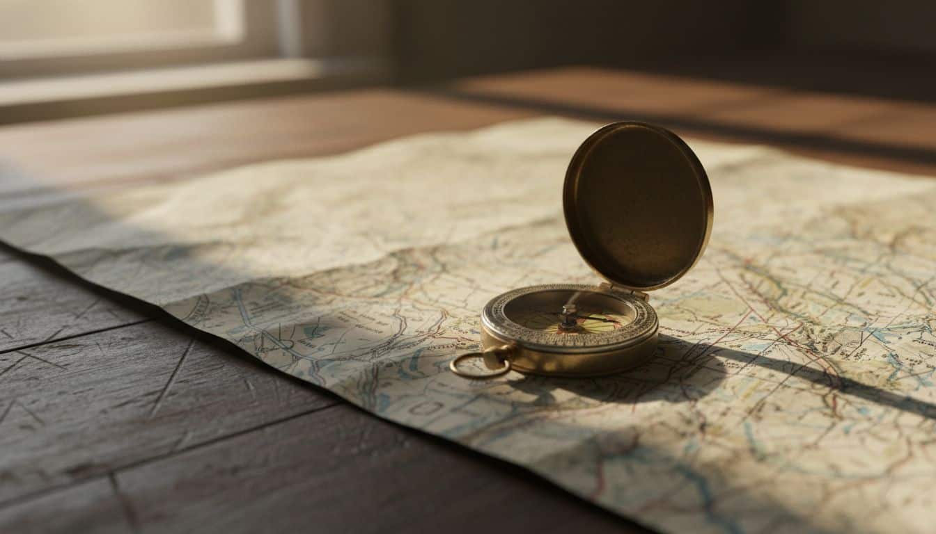 Brass compass resting on an open map