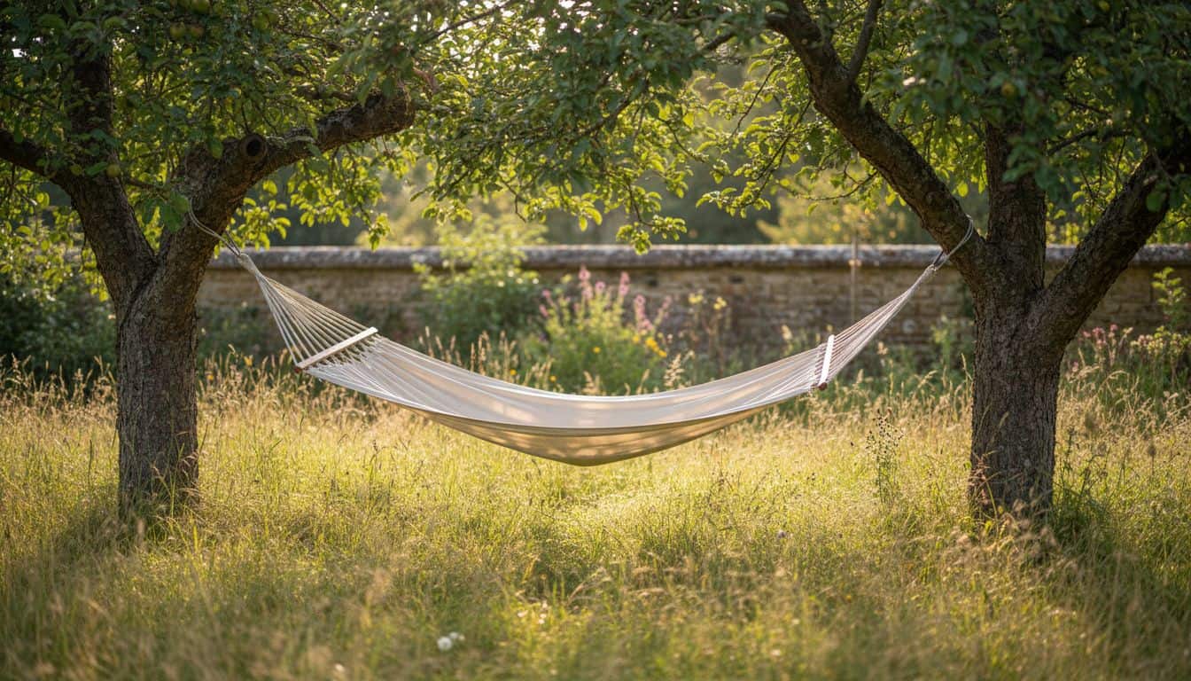 Empty hammock between two trees in a British garden