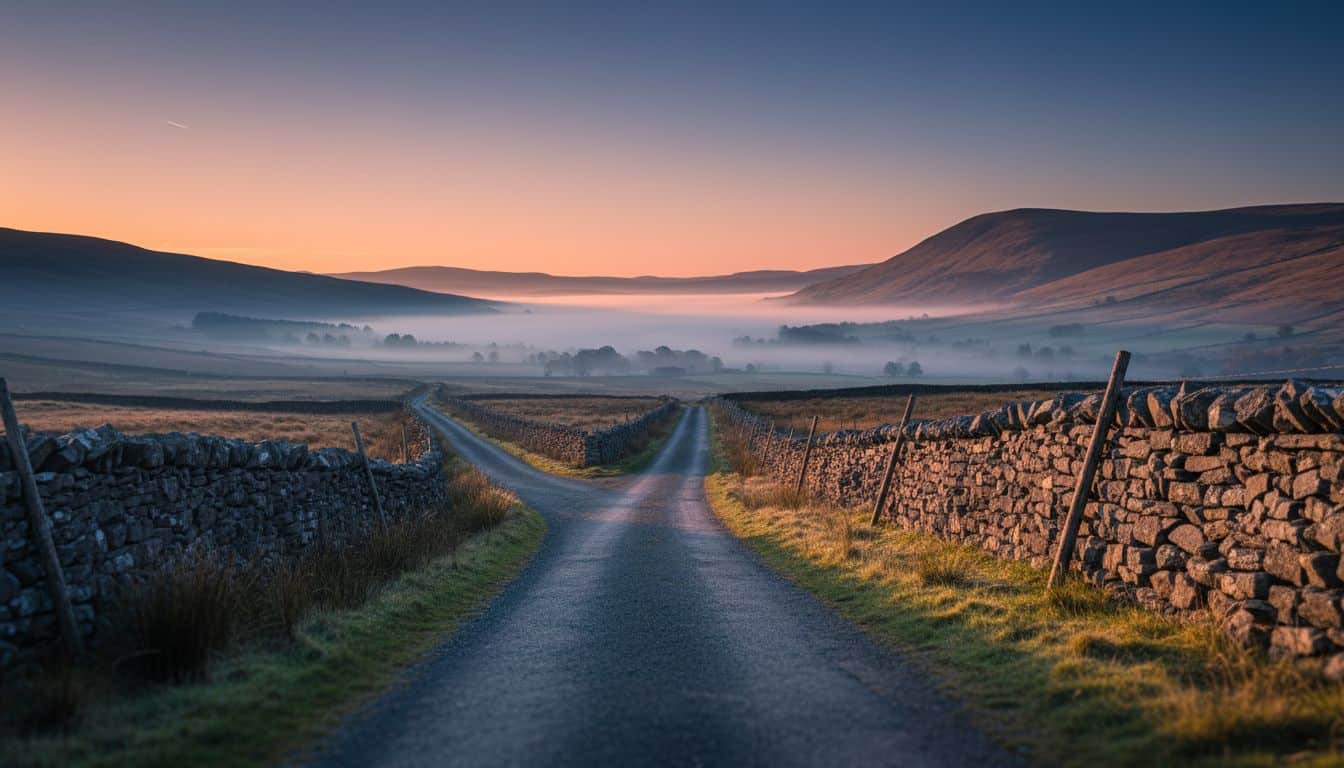 Fork in a country lane at dawn in the Yorkshire Dales