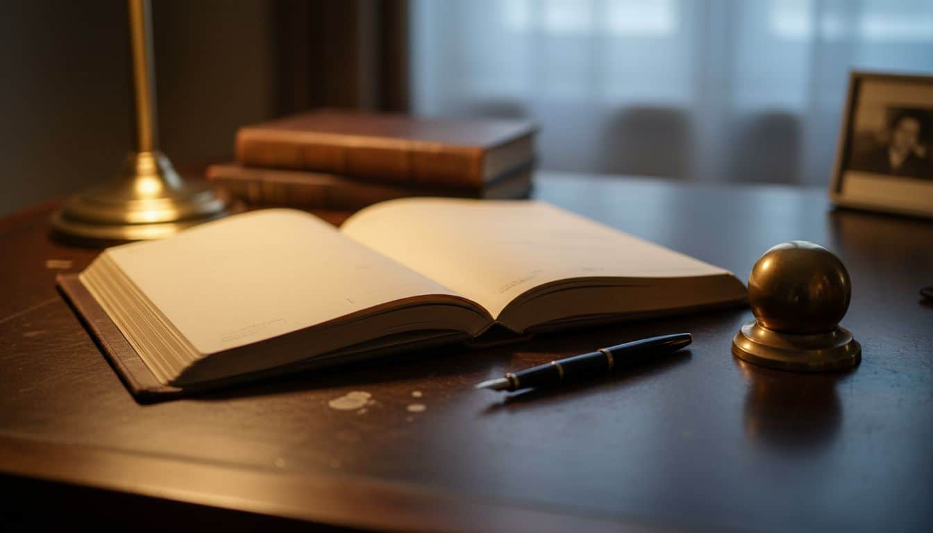 Open leather desk diary with blank pages and a fountain pen