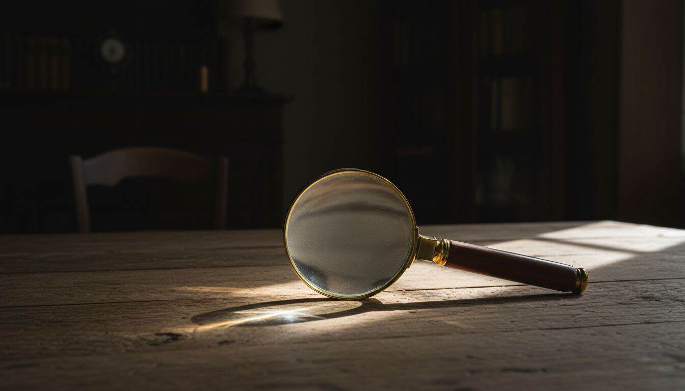 Brass magnifying glass on a wooden table catching light