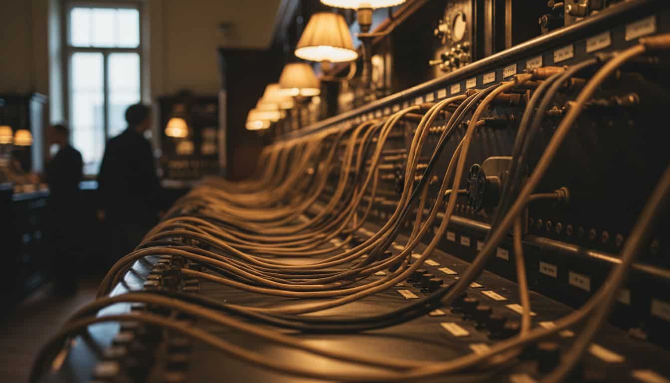 Vintage telephone switchboard with patch cables