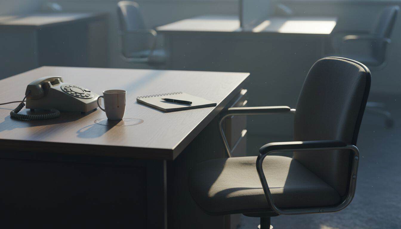 Silent desk phone and empty chair in an office