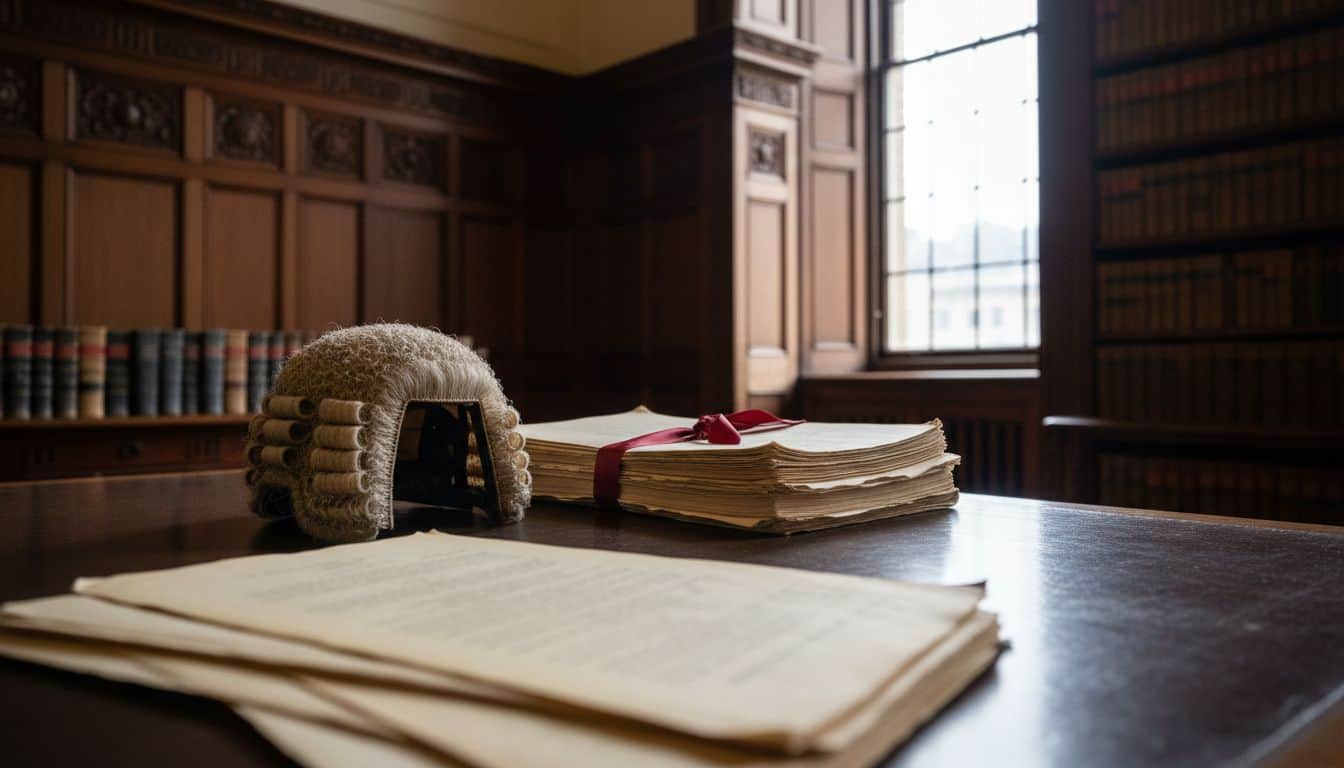 Barrister's wig and ribboned brief on a chambers desk