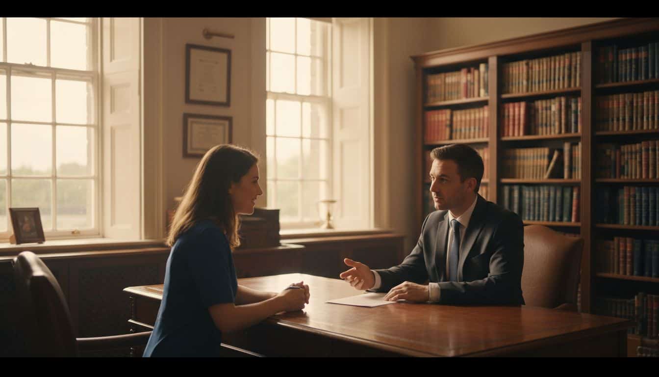 Solicitor meeting a returning client across a desk in a UK law firm office