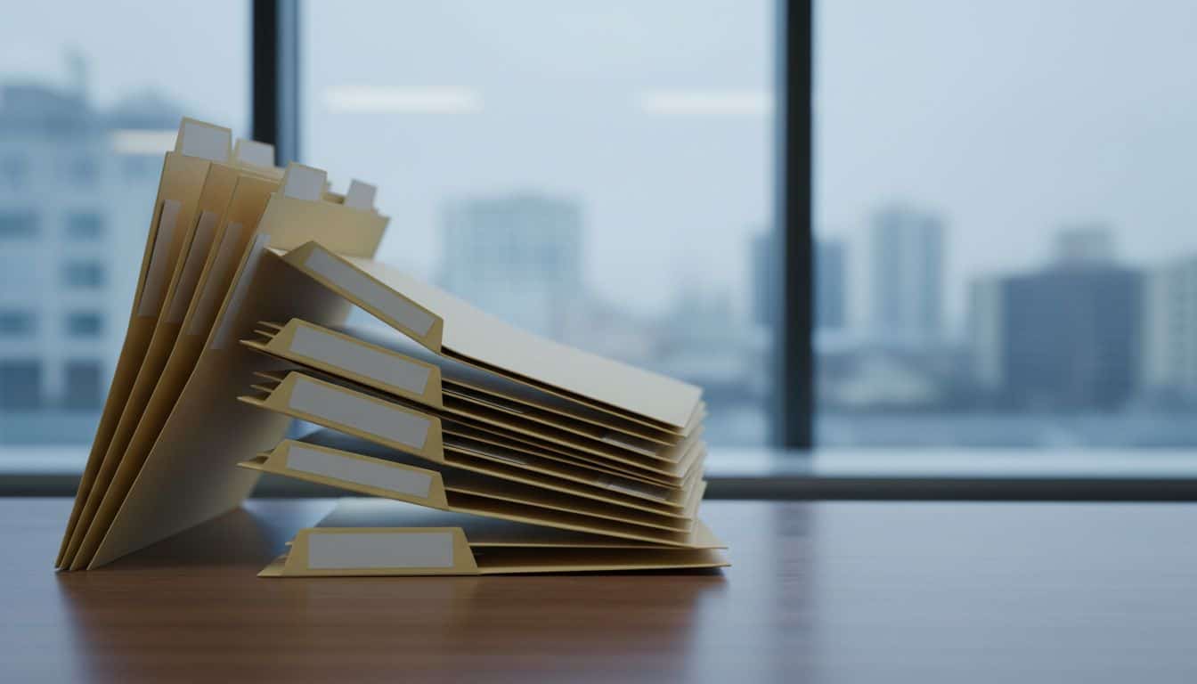 Towering stack of manila folders on a desk edge