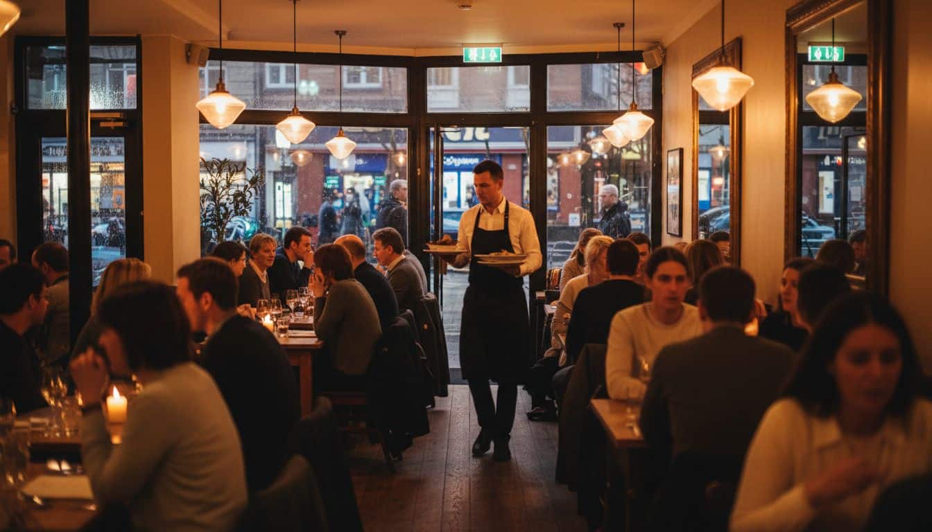 Diners eating in a busy independent British restaurant in the evening