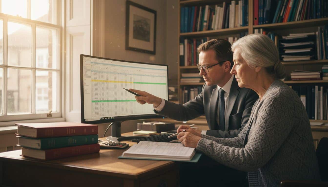 Accountant reviewing figures on screen with a client in a small practice