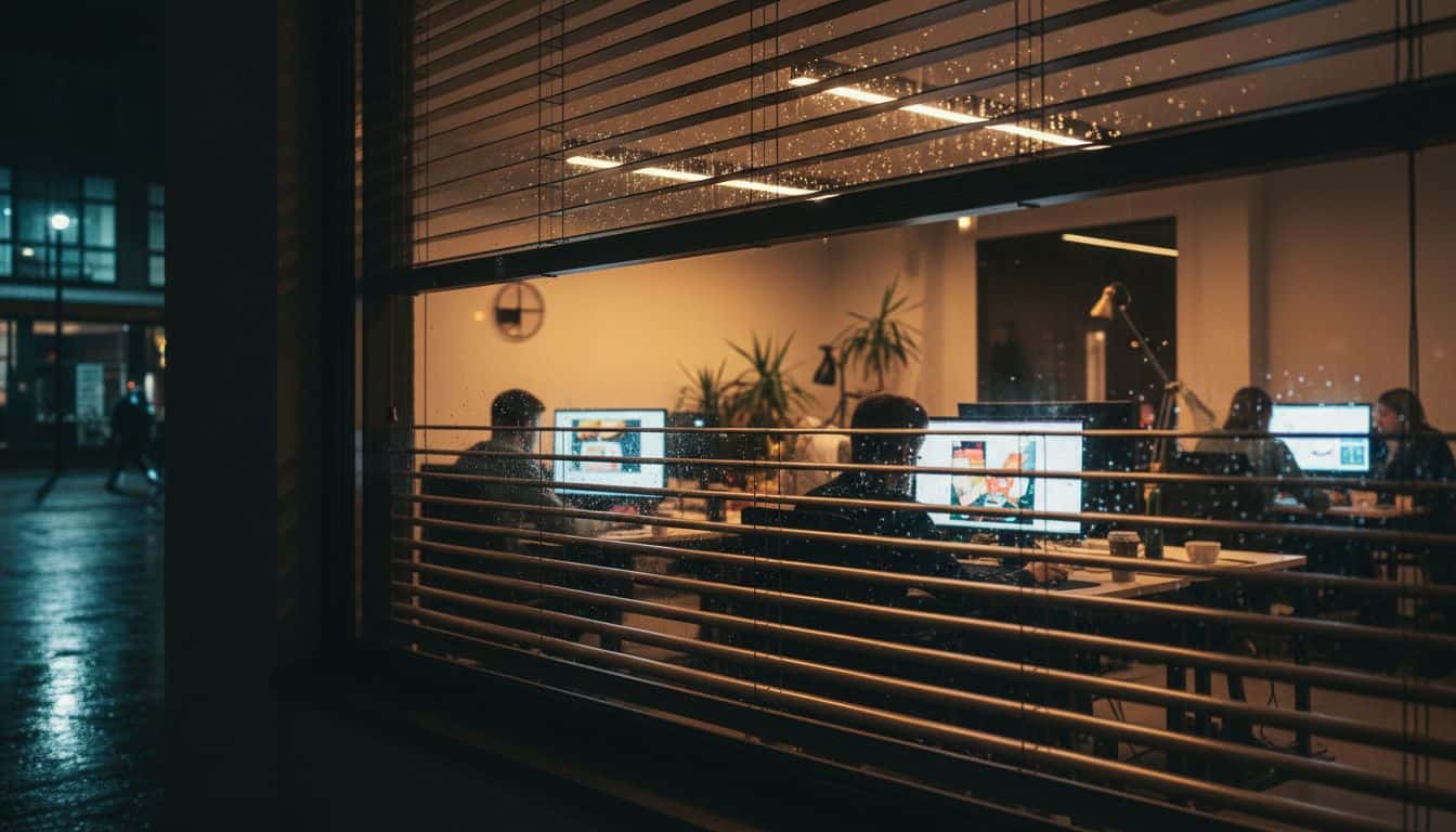 View through window blinds into a lit office at night