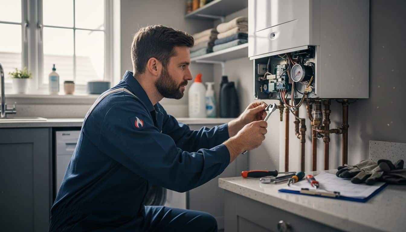 Heating engineer servicing a domestic boiler