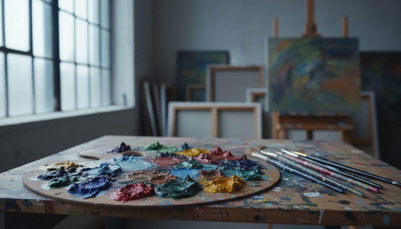 Artist's palette with mixed oil paints and brushes