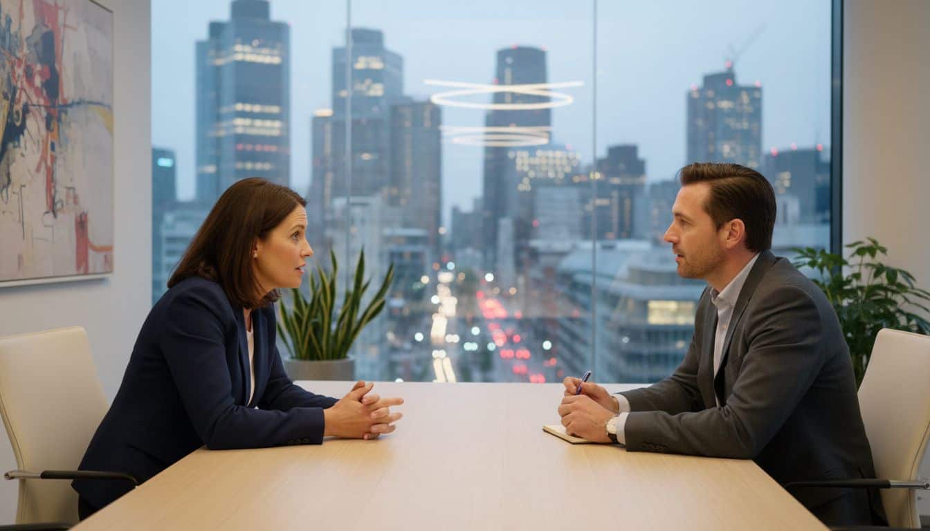 Client asking a question of an adviser in a modern meeting room