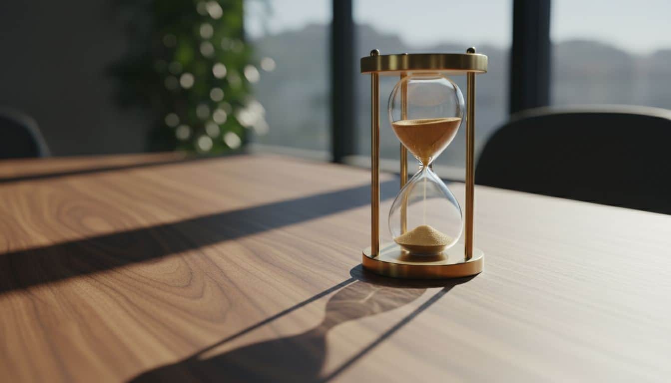 Brass hourglass on a modern office desk in morning light