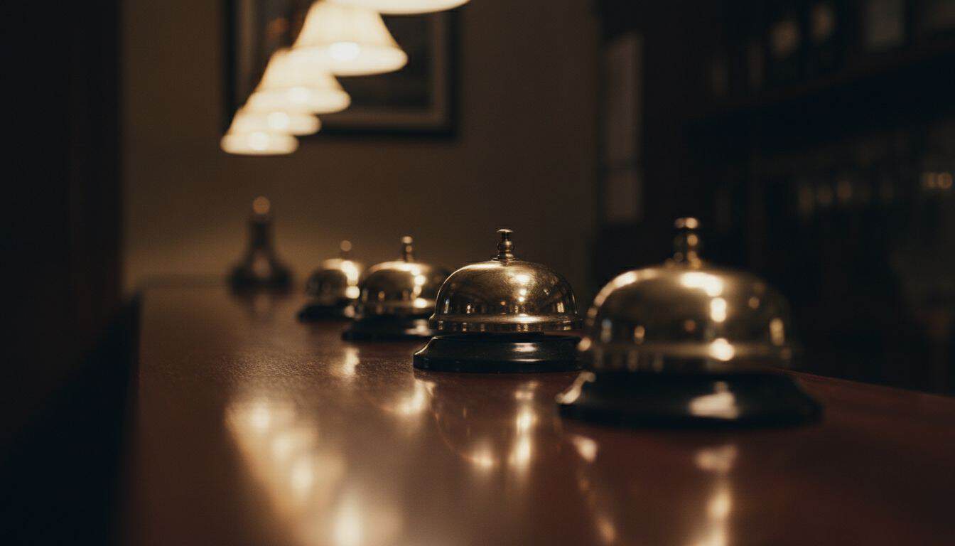 Row of brass service bells on a counter