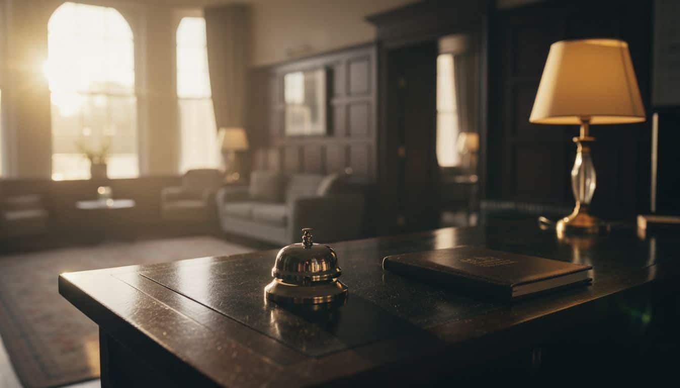 Empty hotel reception desk with a brass bell at dawn