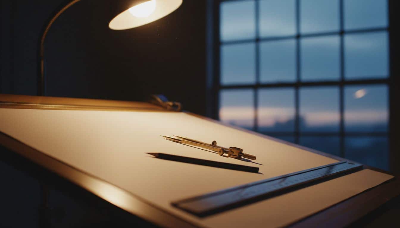 Architect drawing board with blank plans and drafting tools