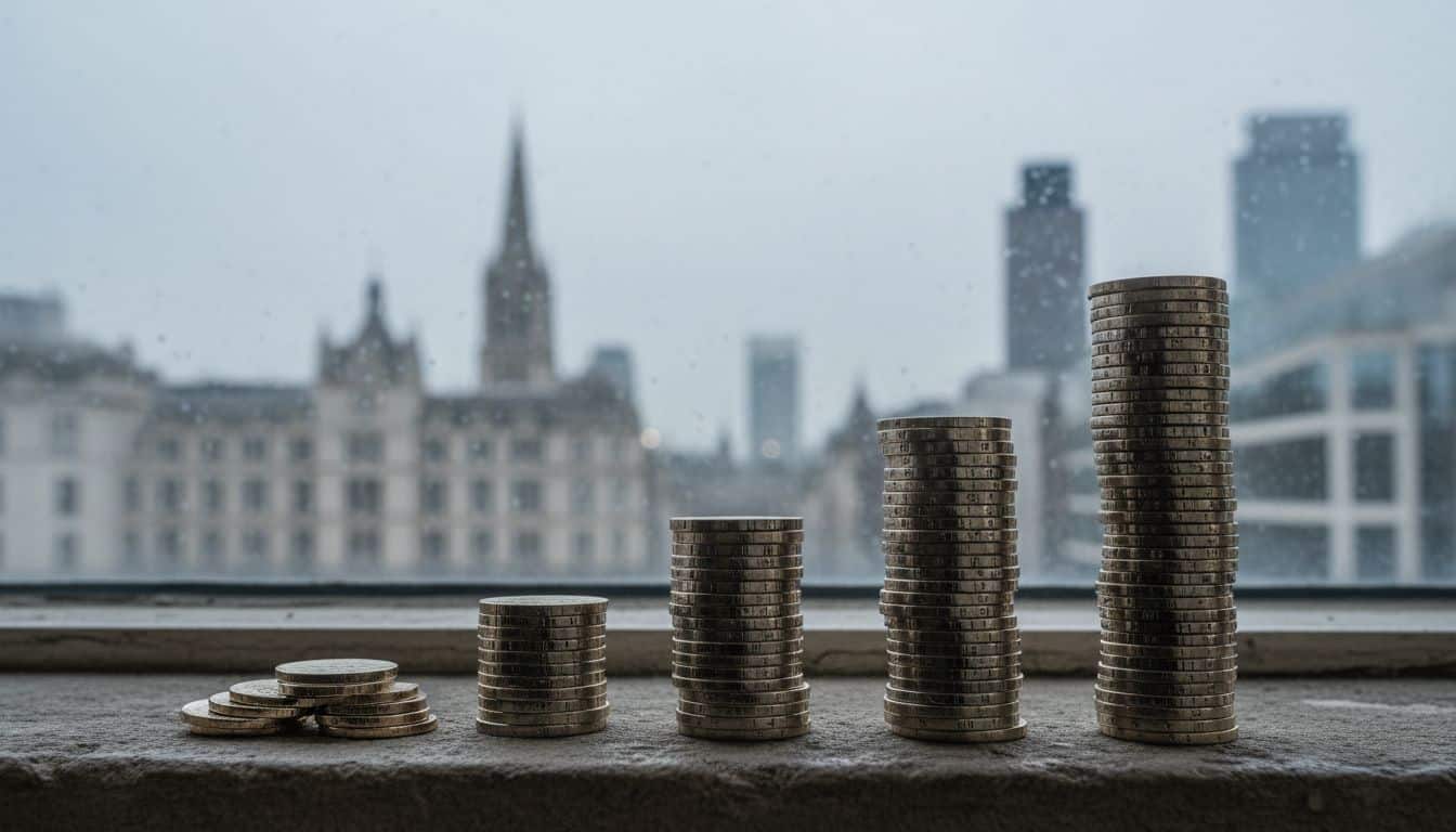 Rising stacks of pound coins on a windowsill