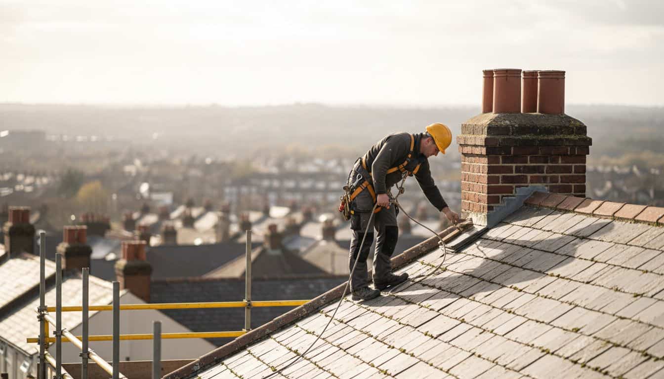 Roofer inspecting ridge tiles on a pitched slate roof