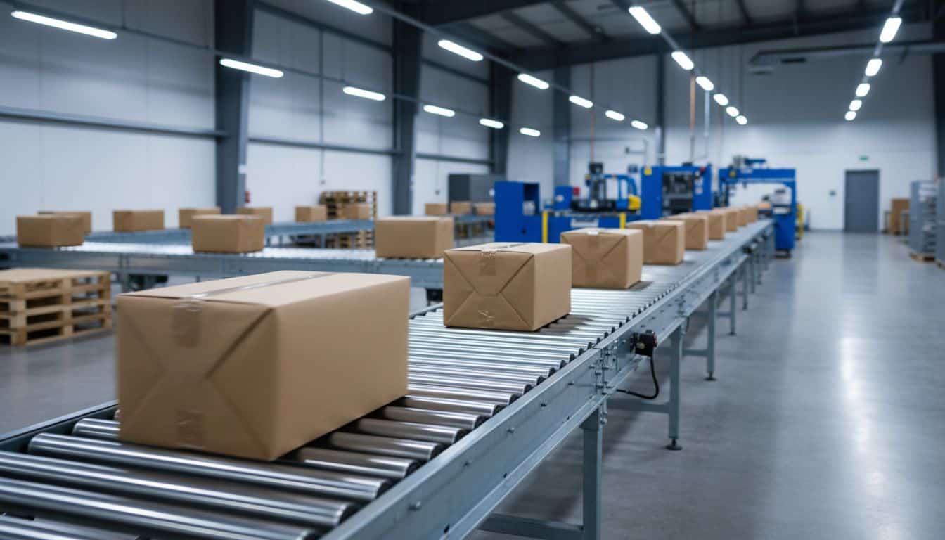 Brown parcels moving along a sorting conveyor